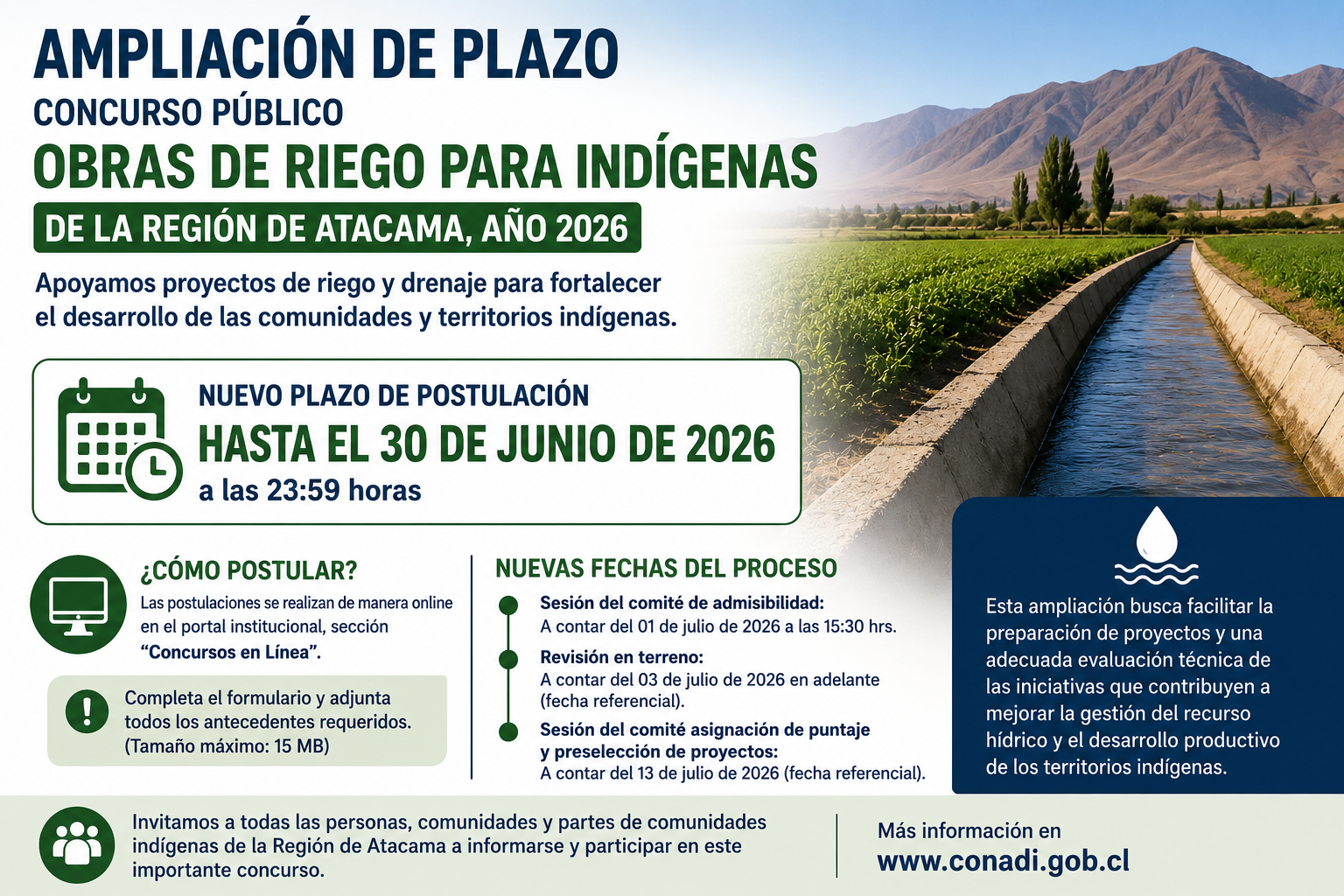 CONADI amplía plazo de postulación al Concurso de Obras de Riego para Indígenas de Atacama 2026
