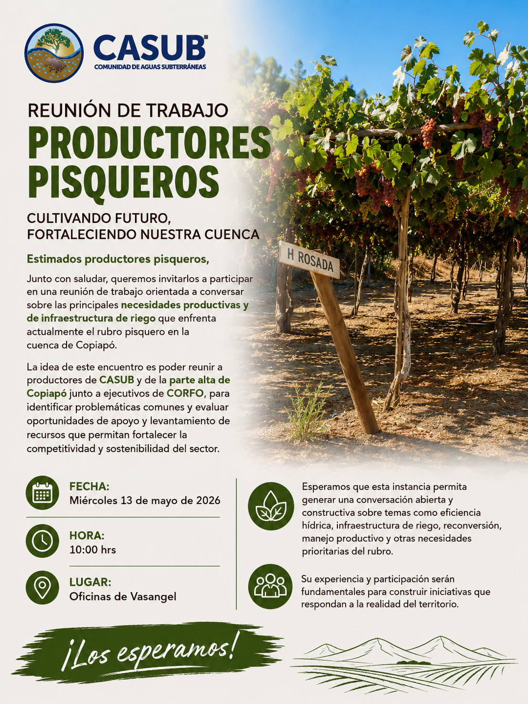 INVITACIÓN A TALLER: Necesidades productivas y de infraestructura de riego que enfrenta actualmente el rubro pisquero en la cuenca de Copiapó