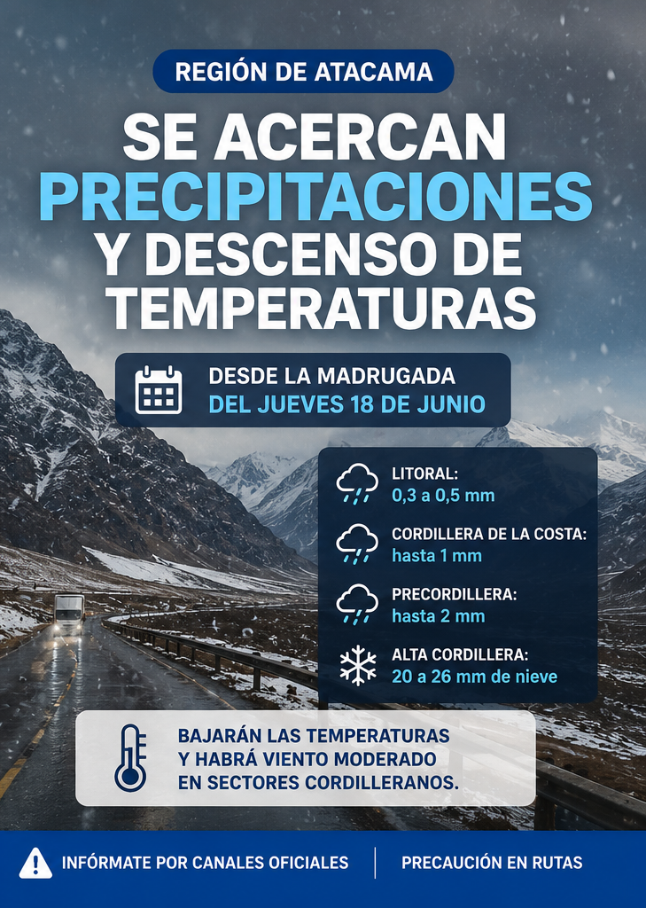 Atacama se prepara para una madrugada con posibles precipitaciones y descenso de temperaturas